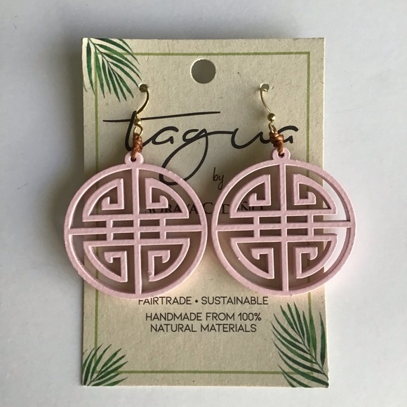 Soraya Cedeno Jewelry - NEW Medallion Earrings Asian-Style Pink Lacquer Open Work Tagua Nut Lightweight